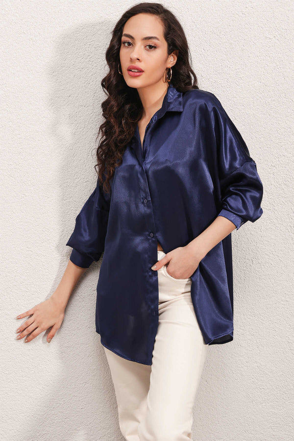 Oversized Neavy Blue Silk Shirt