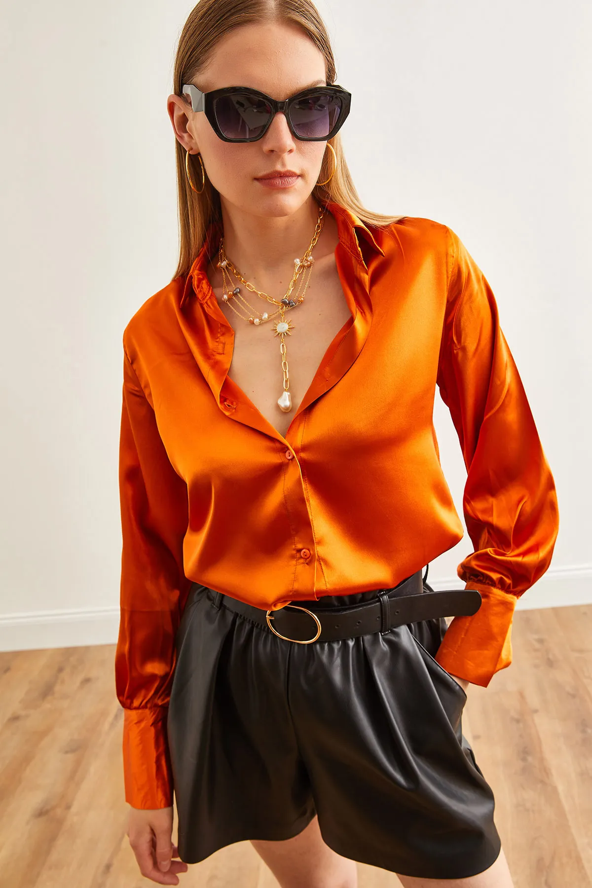 Orange Colour Oversized Silk Shirt