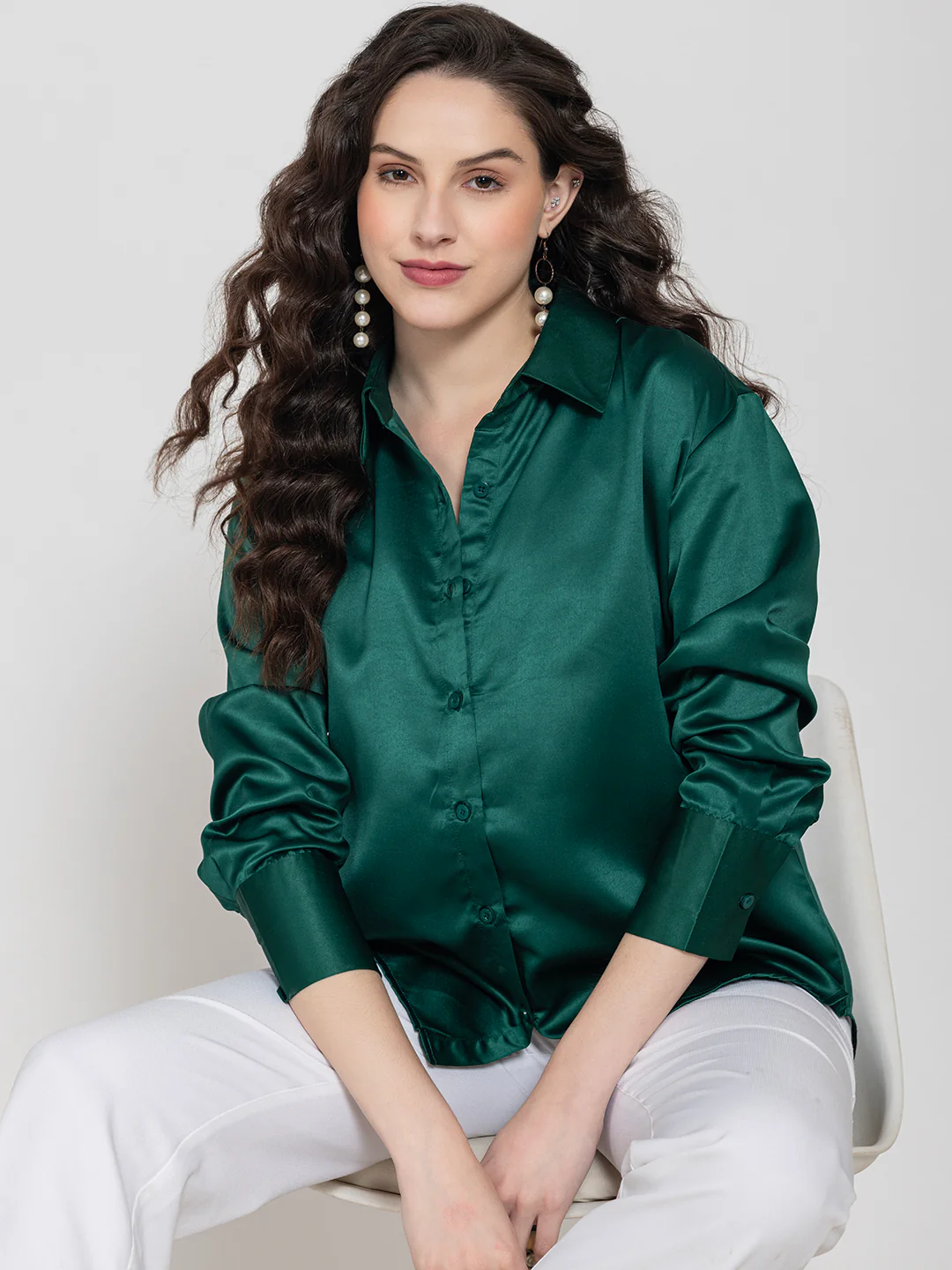 Oversized Bottle Green Satin Silk Shirt