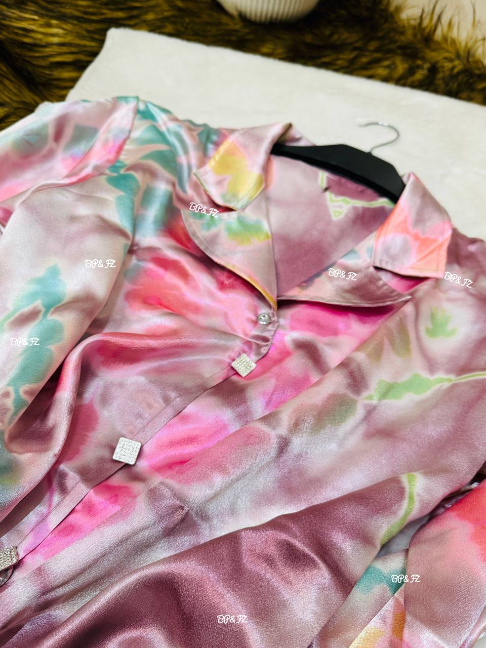 Pink Royal Satin Printed Silk Shirt