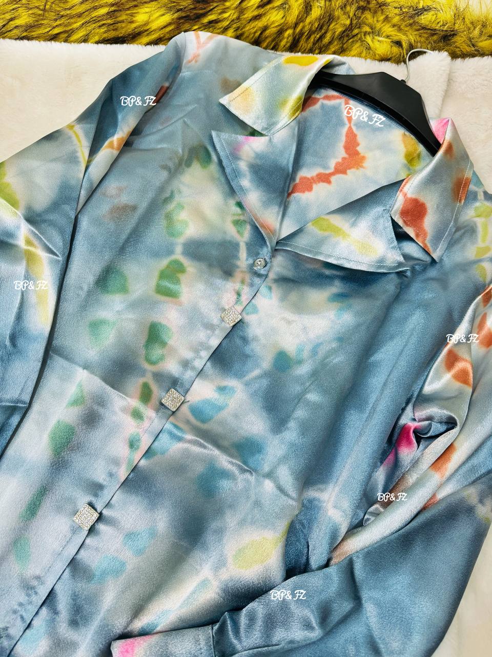 Sky Royal Satin Printed Silk Shirt